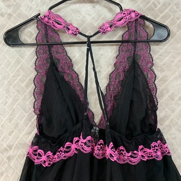 Womans Large Lingerie Top Black Pink Lace Fit & Flare Adjustable Strappy Sleeve - Picture 9 of 11